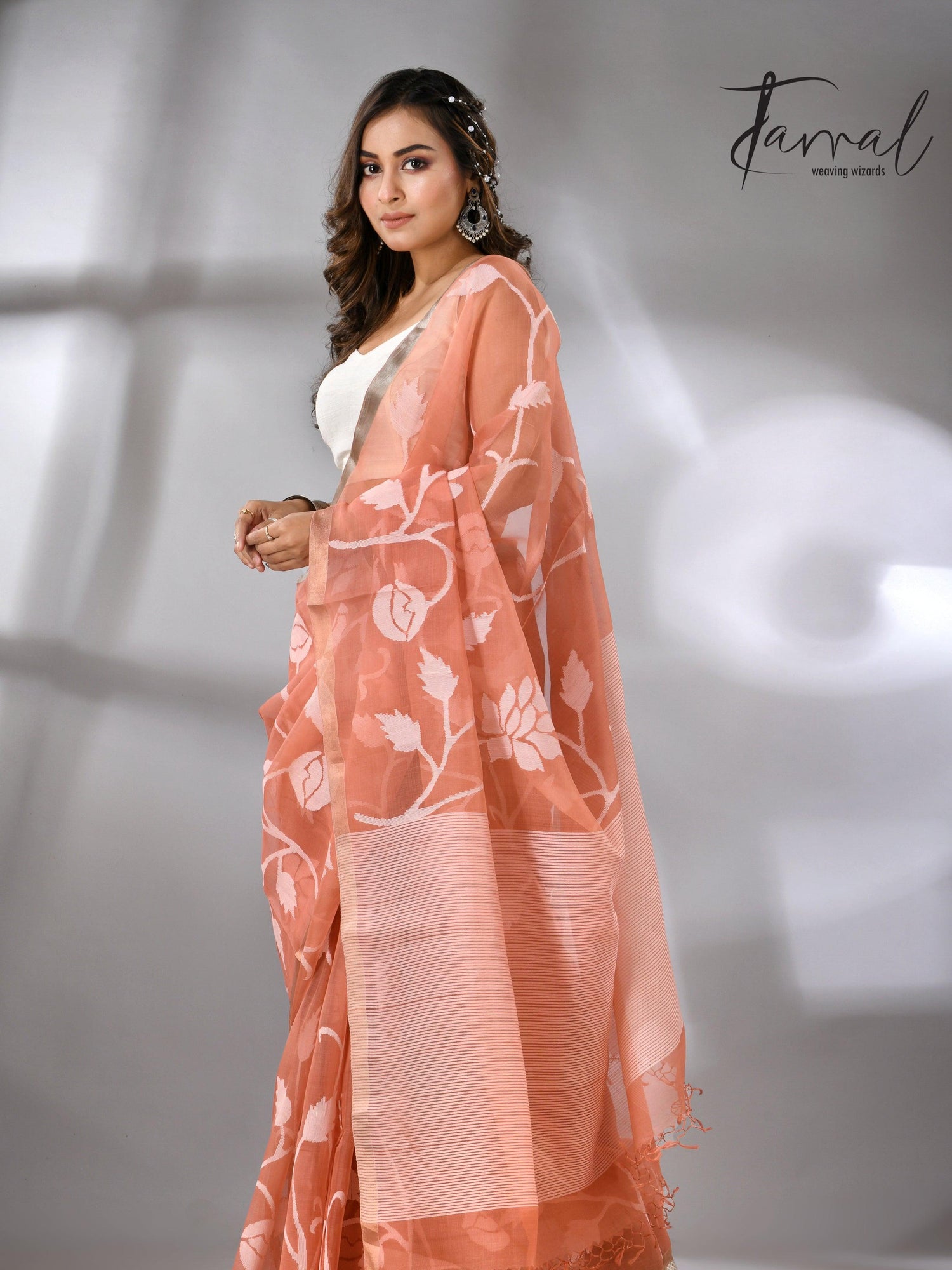 Deep Peach Handwoven Jamdani Saree with White Rose Motifs full3