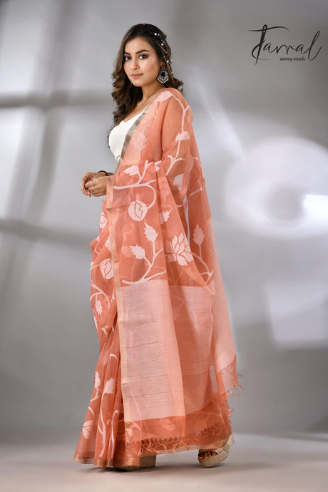 Deep Peach Handwoven Jamdani Saree with White Rose Motifs full3