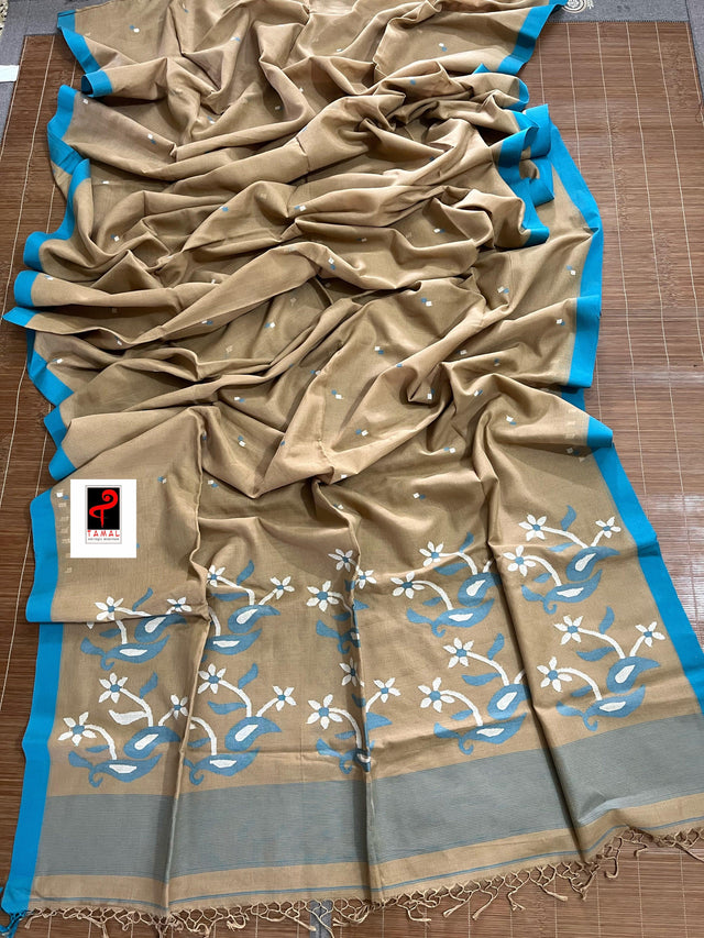 Deep beige with firoza border cotton handwoven jamdani saree - Tamal Boutique