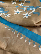 Deep beige with firoza border cotton handwoven jamdani saree - Tamal Boutique