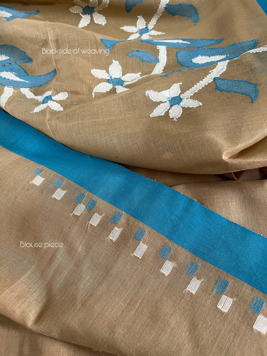 Deep beige with firoza border cotton handwoven jamdani saree - Tamal Boutique