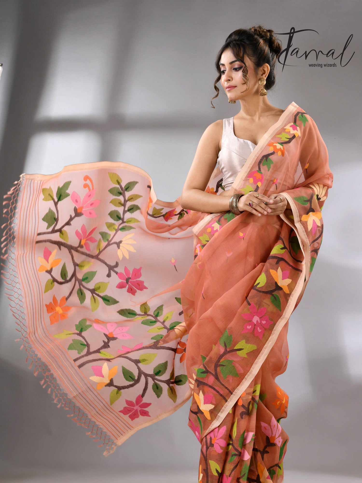 Deep peach with multicolour floral border allover handwoven muslin silk jamdani saree - Tamal Boutique