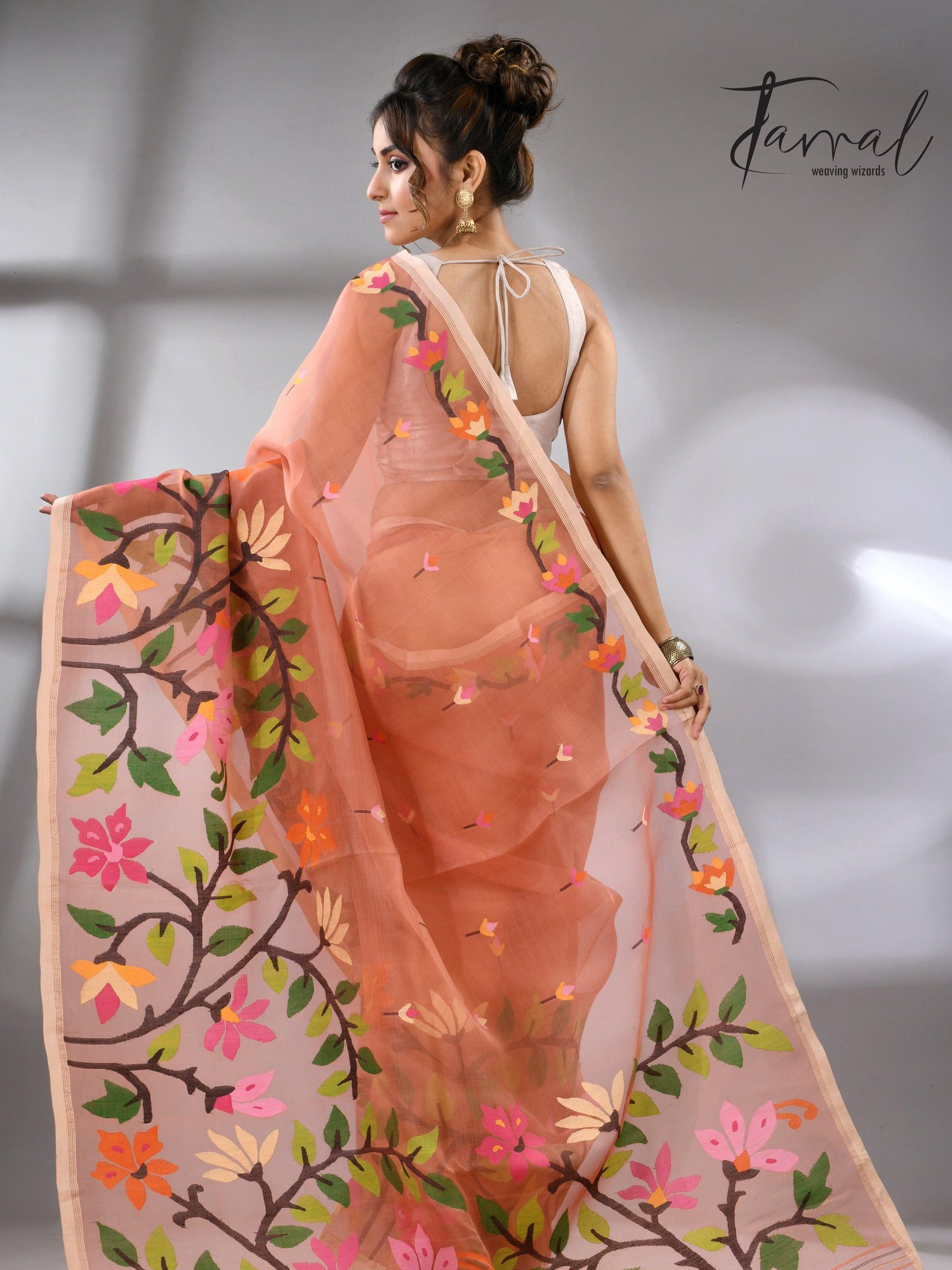 Deep peach with multicolour floral border allover handwoven muslin silk jamdani saree - Tamal Boutique