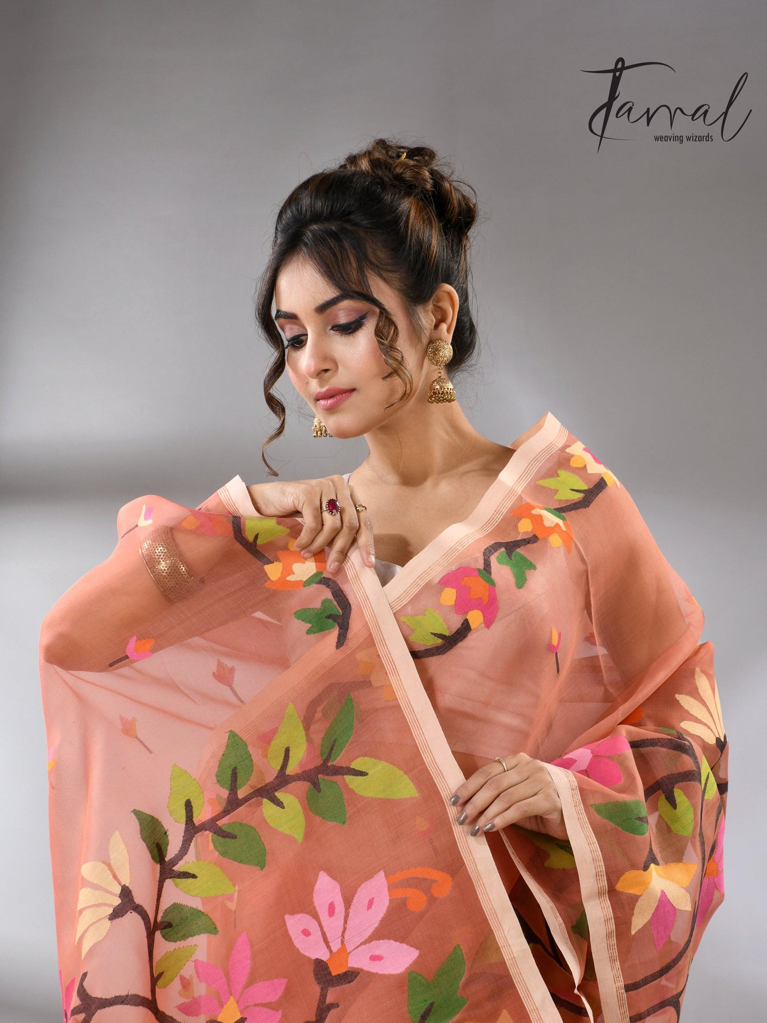 Deep peach with multicolour floral border allover handwoven muslin silk jamdani saree - Tamal Boutique