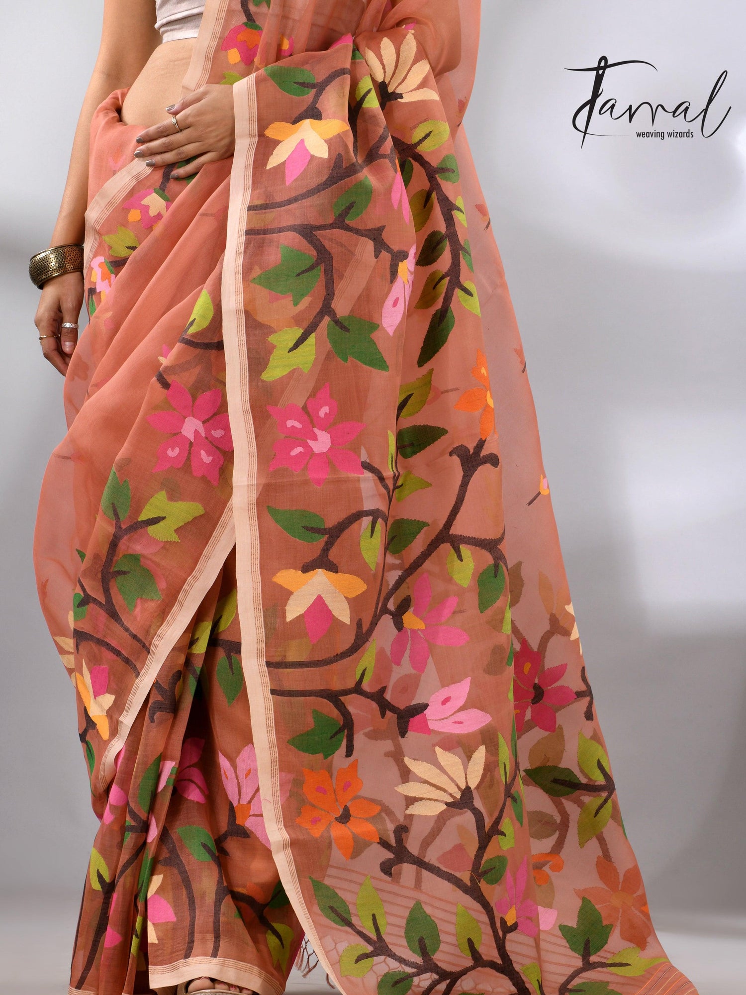 Deep peach with multicolour floral border allover handwoven muslin silk jamdani saree - Tamal Boutique