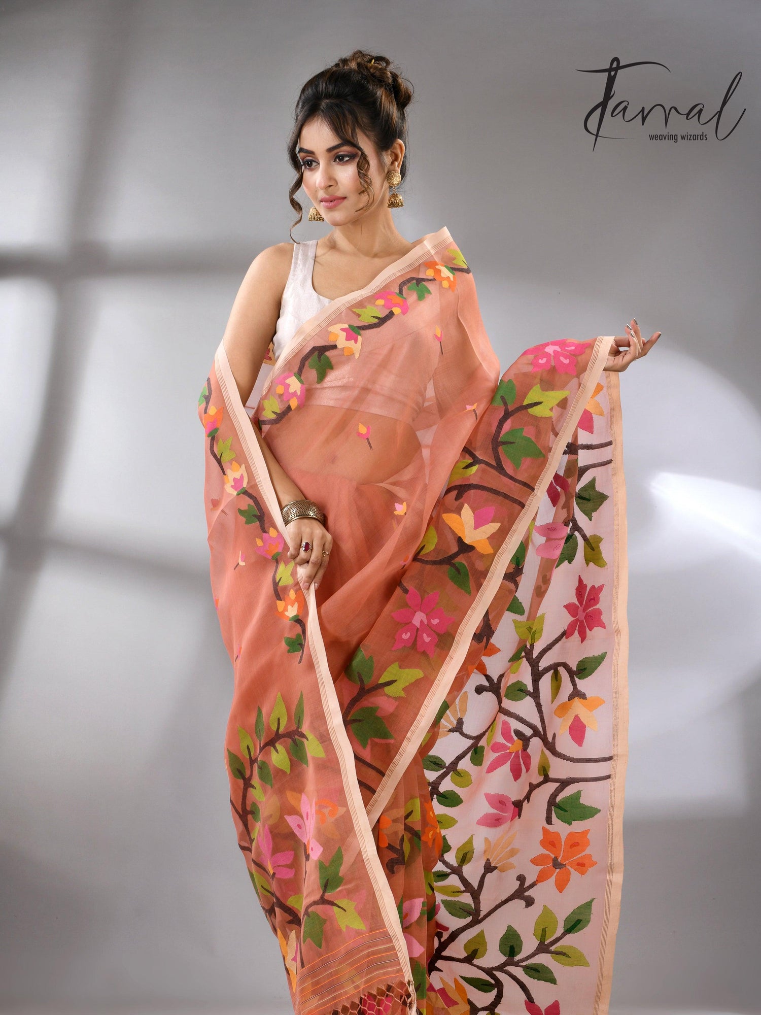 Deep peach with multicolour floral border allover handwoven muslin silk jamdani saree - Tamal Boutique