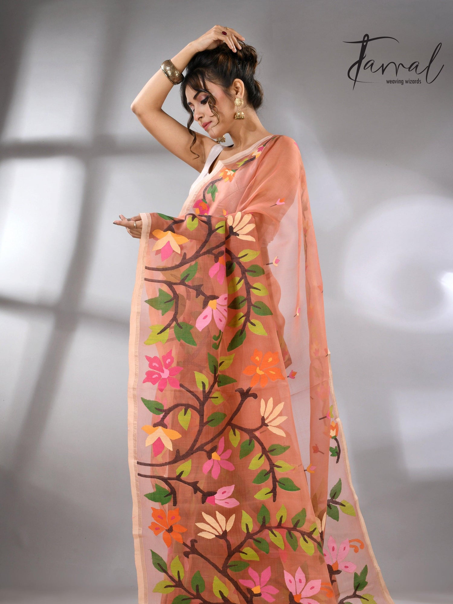 Deep peach with multicolour floral border allover handwoven muslin silk jamdani saree - Tamal Boutique