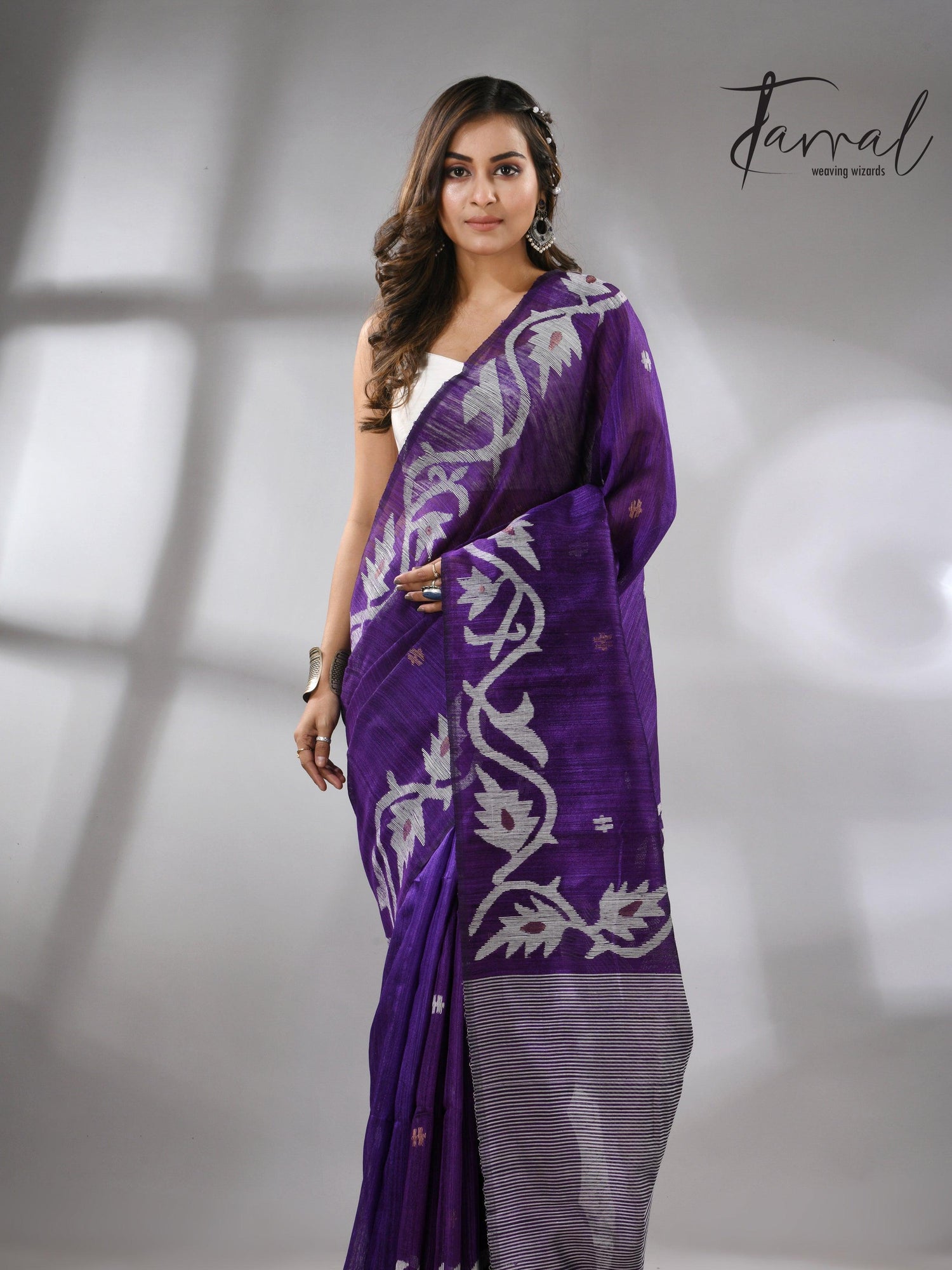Deep purple with white alpona design handwoven matka silk jamdani saree - Tamal Boutique