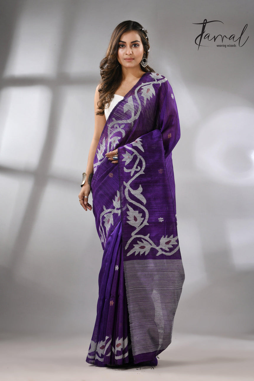 Deep purple with white alpona design handwoven matka silk jamdani saree - Tamal Boutique