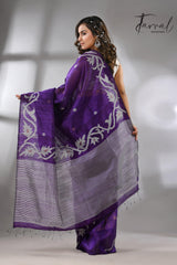 Deep purple with white alpona design handwoven matka silk jamdani saree - Tamal Boutique