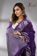 Deep purple with white alpona design handwoven matka silk jamdani saree - Tamal Boutique