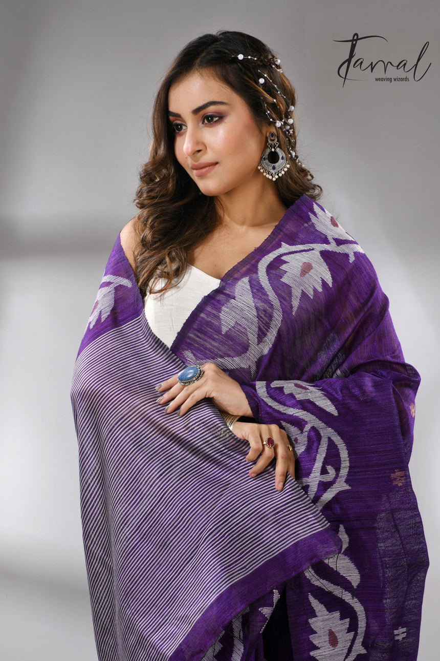 Deep purple with white alpona design handwoven matka silk jamdani saree - Tamal Boutique