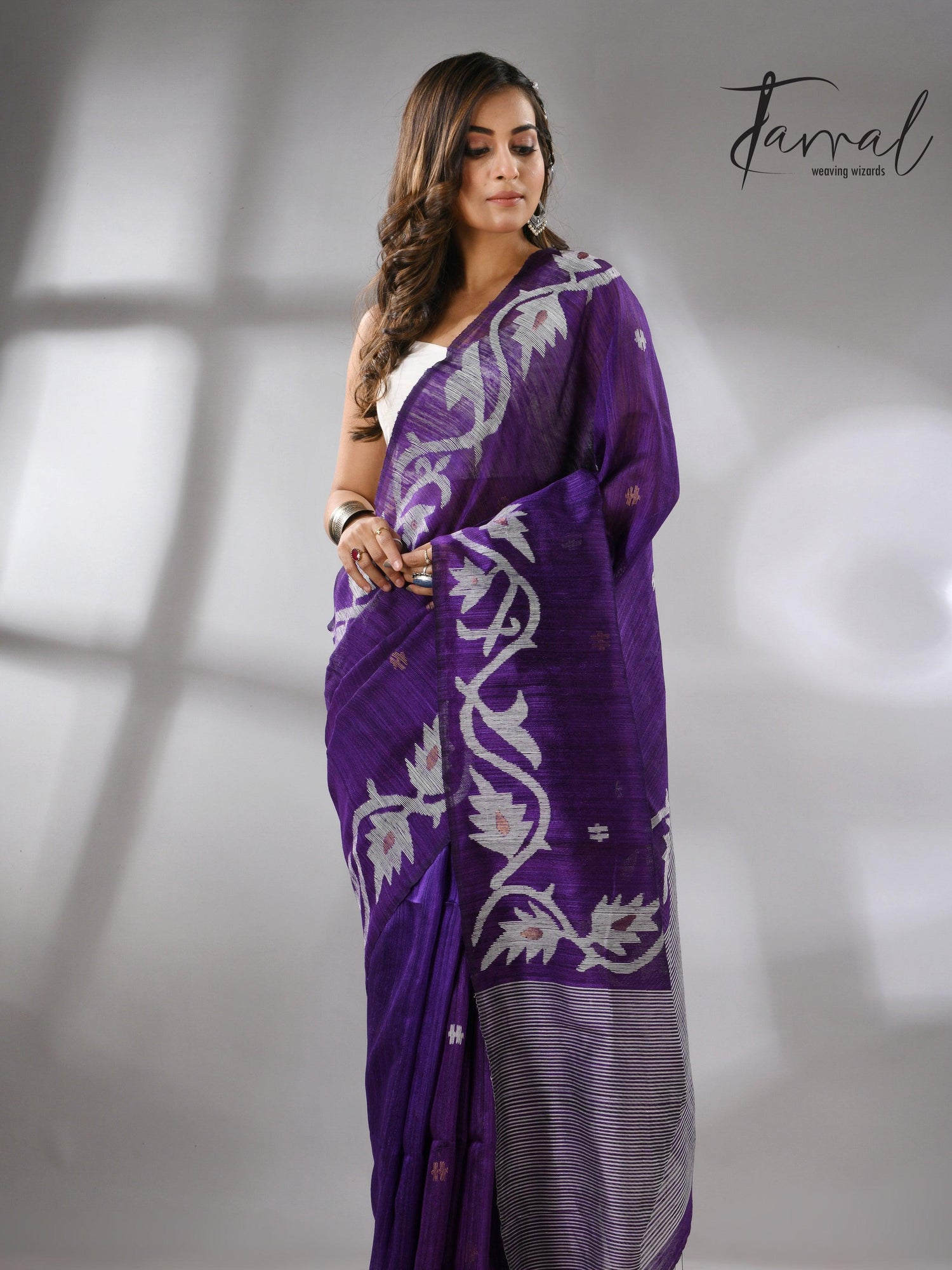 Deep purple with white alpona design handwoven matka silk jamdani saree - Tamal Boutique