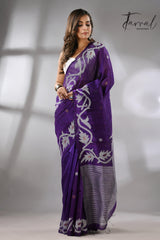 Deep purple with white alpona design handwoven matka silk jamdani saree - Tamal Boutique
