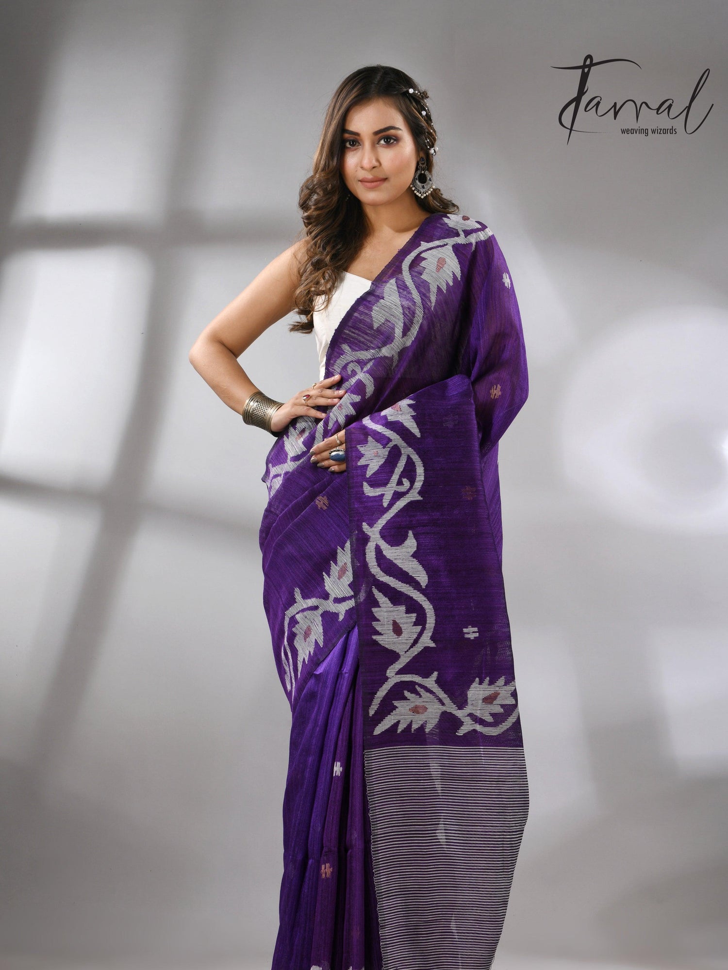 Deep purple with white alpona design handwoven matka silk jamdani saree - Tamal Boutique