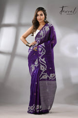 Deep purple with white alpona design handwoven matka silk jamdani saree - Tamal Boutique