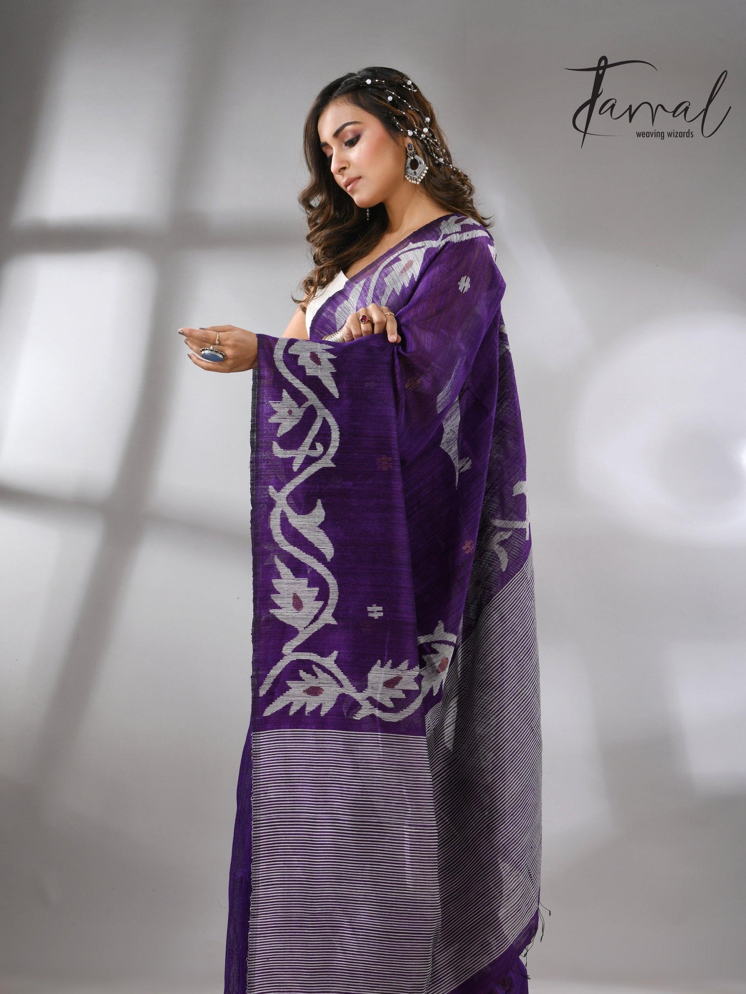 Deep purple with white alpona design handwoven matka silk jamdani saree - Tamal Boutique