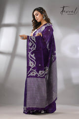 Deep purple with white alpona design handwoven matka silk jamdani saree - Tamal Boutique