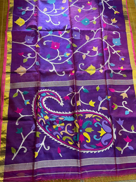 Dual tone purple with multi colour organza silk allover floral handwoven jamdani saree