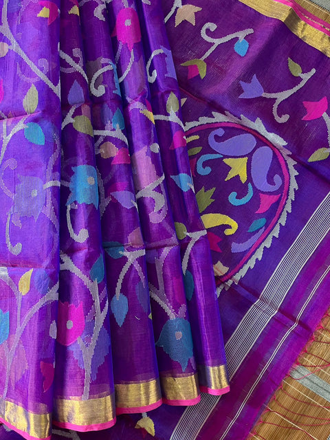 Dual tone purple with multi colour organza silk allover floral handwoven jamdani saree