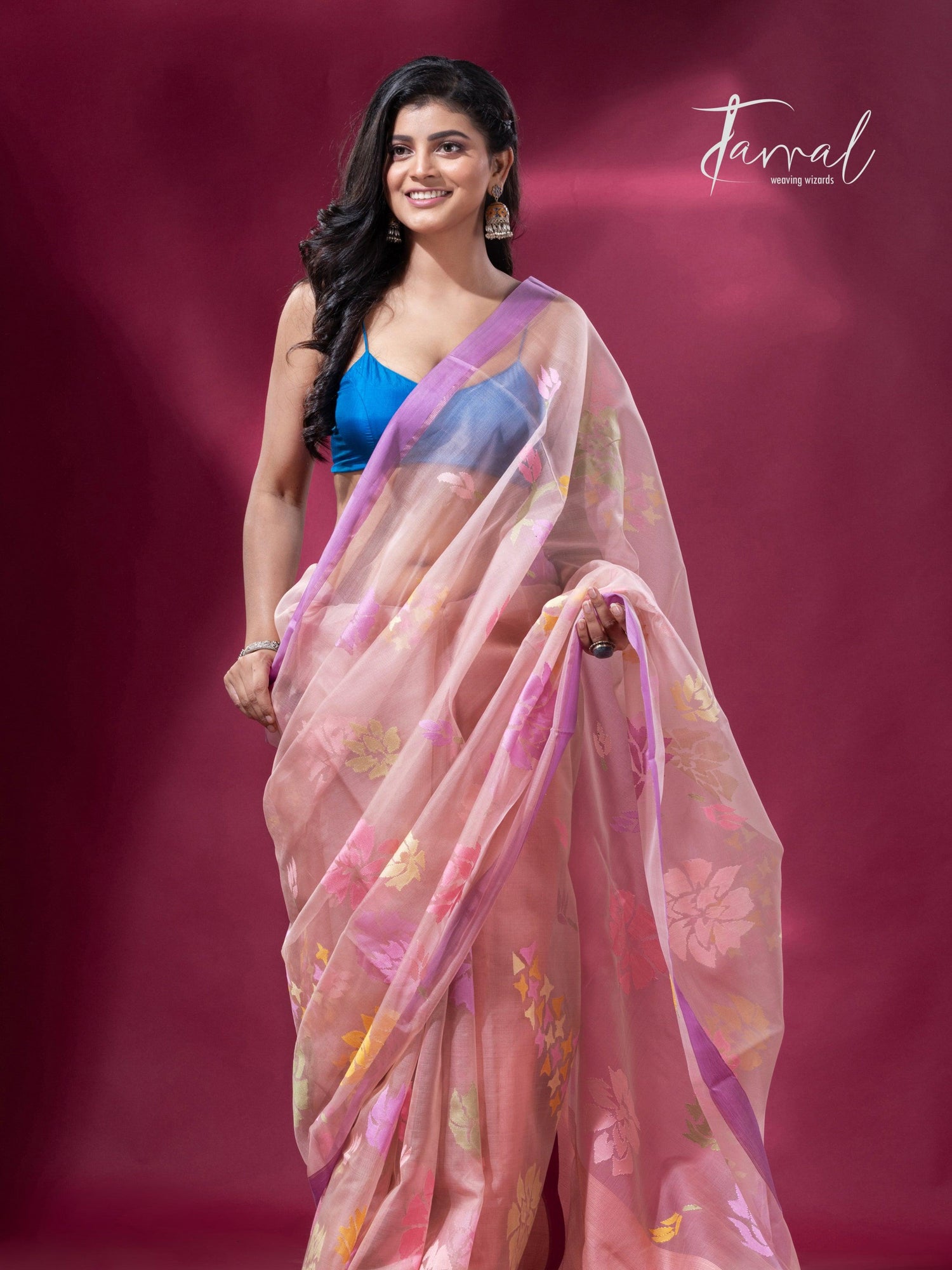 Dust Pink Handwoven Jamdani Saree with motifs Purple Border