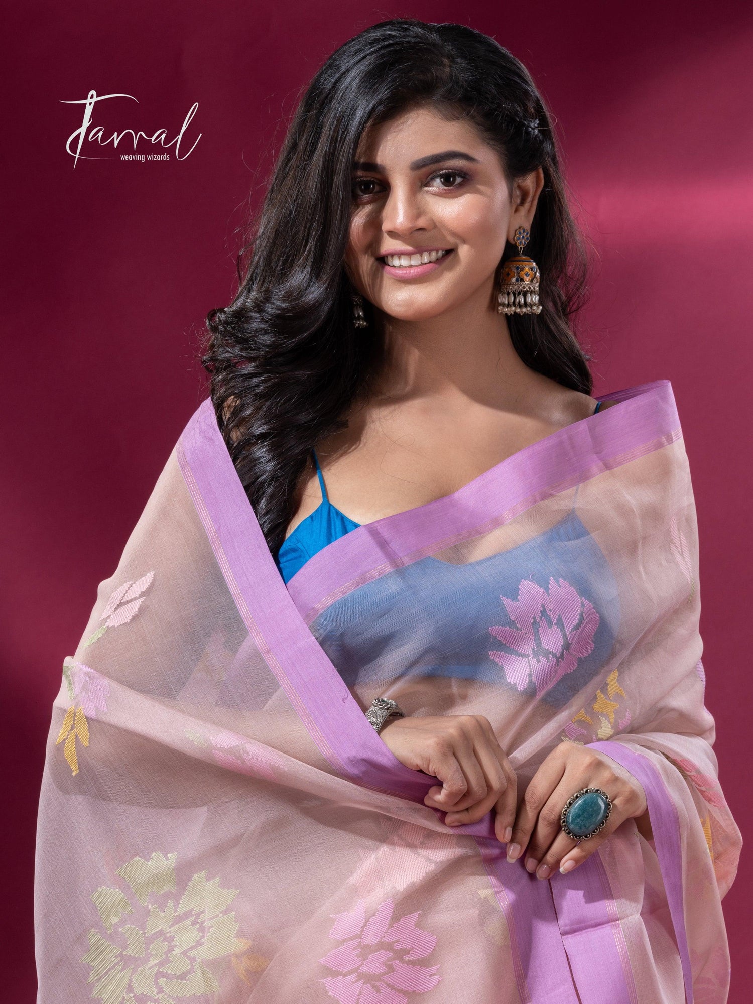 Dust Pink Handwoven Jamdani Saree with motifs Purple Border1