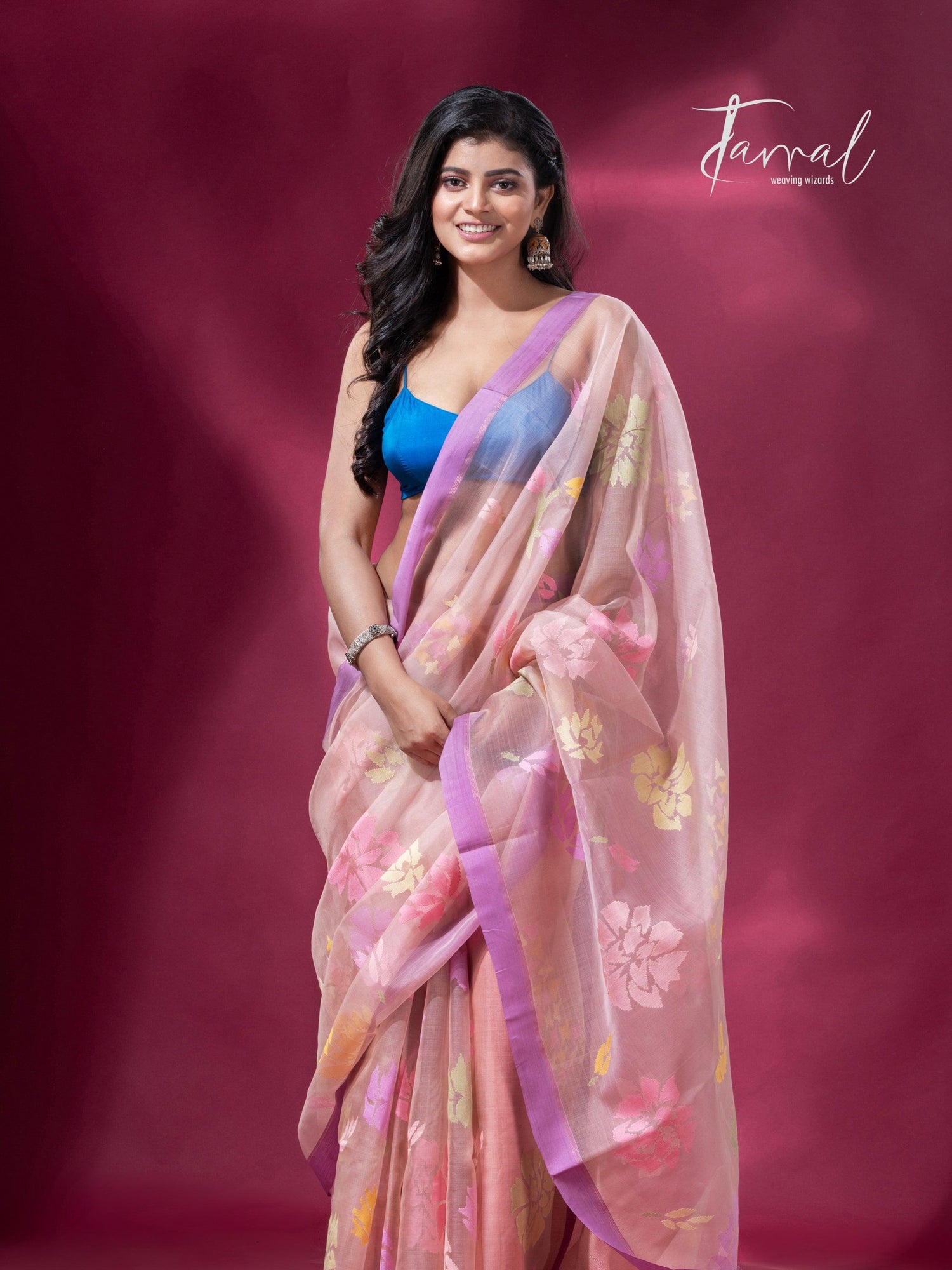 Dust Pink Handwoven Jamdani Saree with motifs Purple Border2