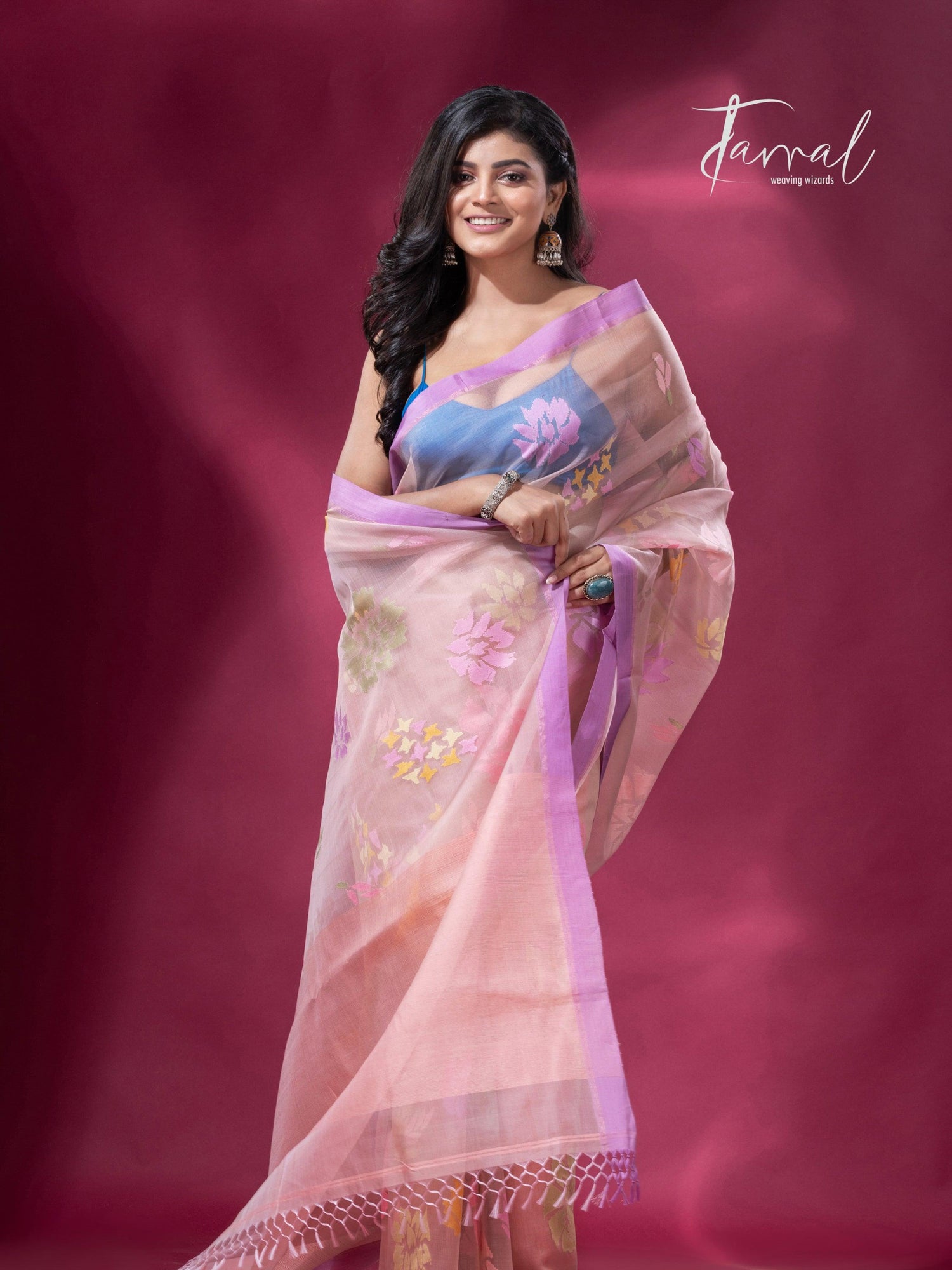 Dust Pink Handwoven Jamdani Saree with motifs Purple Border3