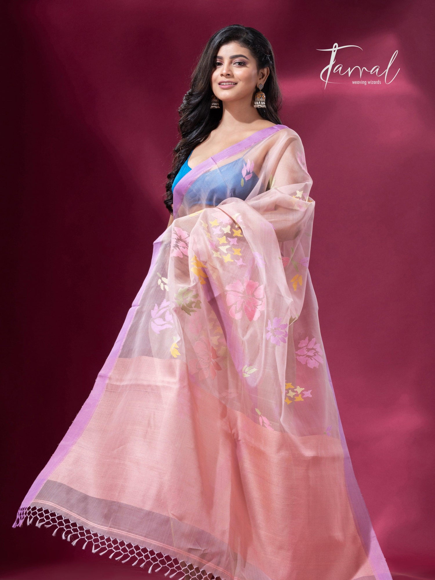 Dust Pink Handwoven Jamdani Saree with motifs Purple Border5