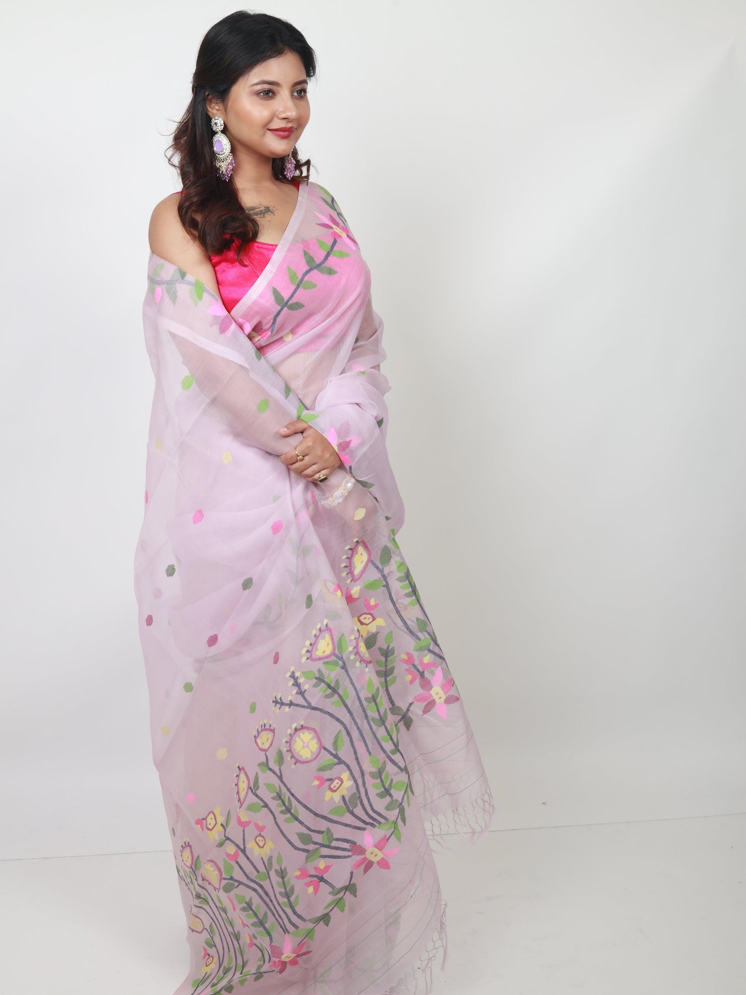 Dust Pink colour floral lata handwoven muslin silk jamdani saree - Tamal Boutique