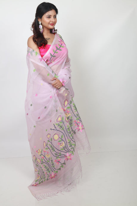 Dust Pink colour floral lata handwoven muslin silk jamdani saree - Tamal Boutique