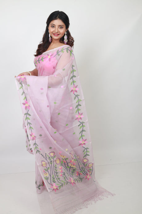 Dust Pink colour floral lata handwoven muslin silk jamdani saree - Tamal Boutique