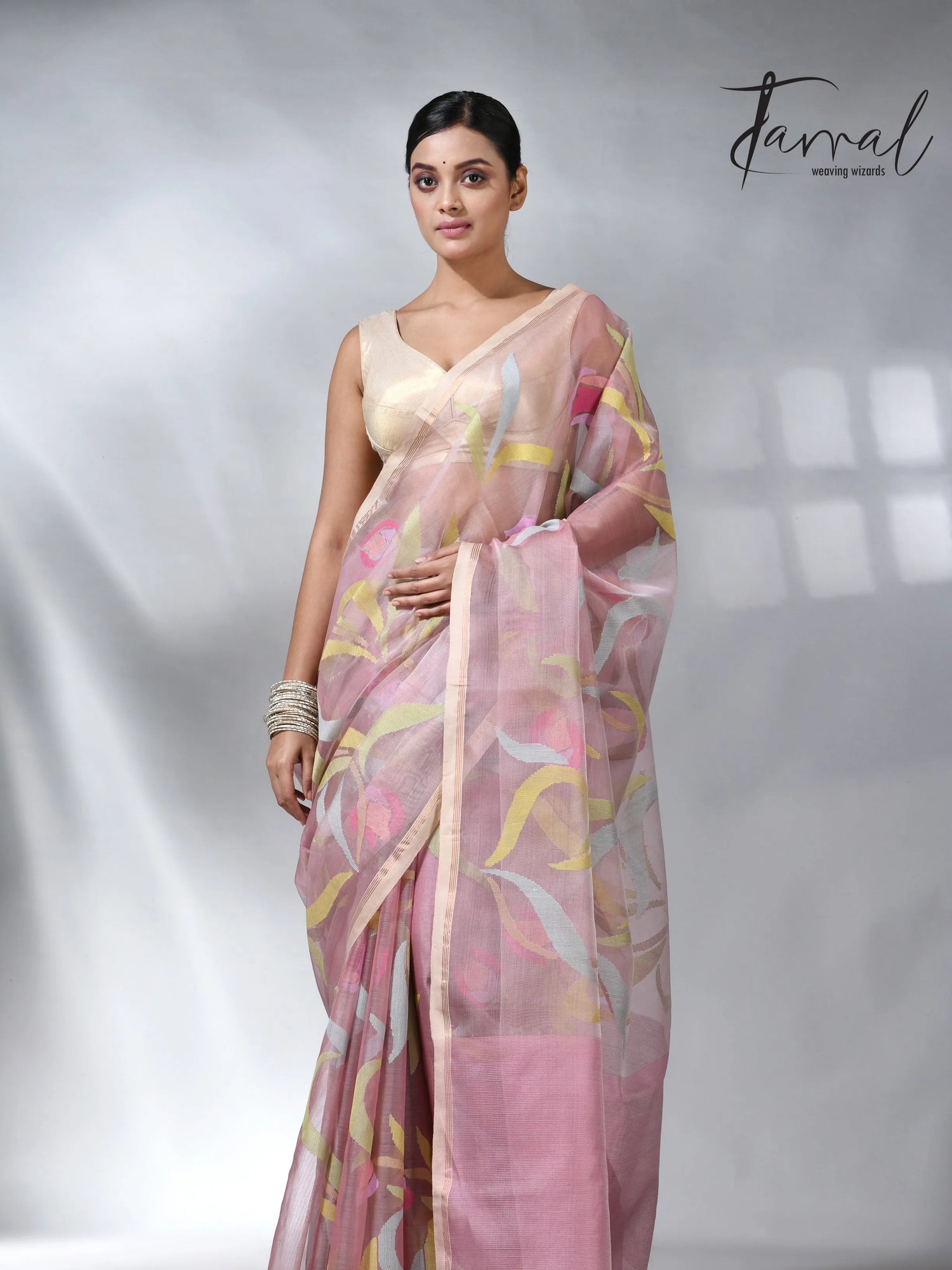 Dust pink in tulip floral handwoven muslin silk jamdani saree