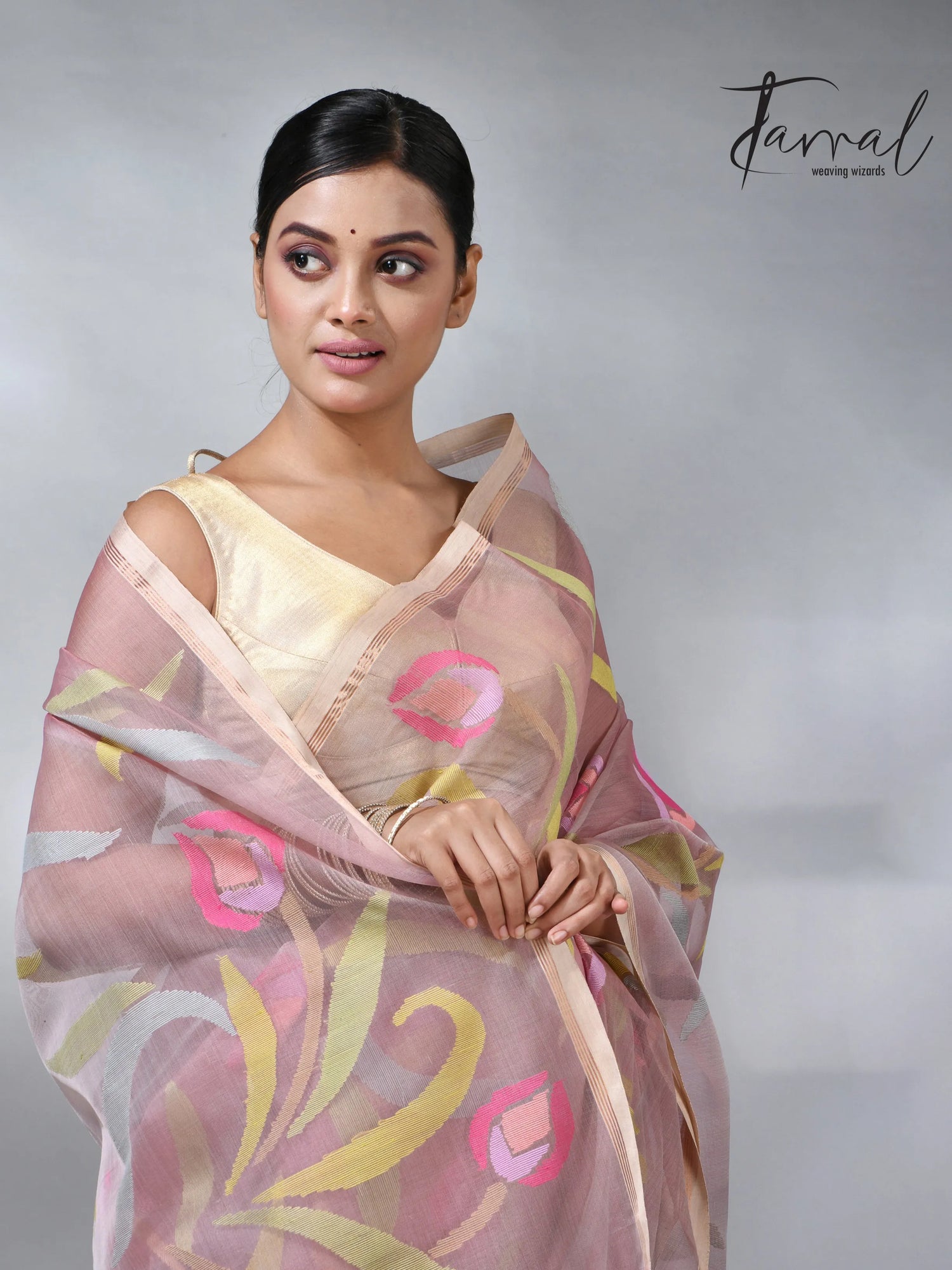 Dust pink in tulip floral handwoven muslin silk jamdani saree