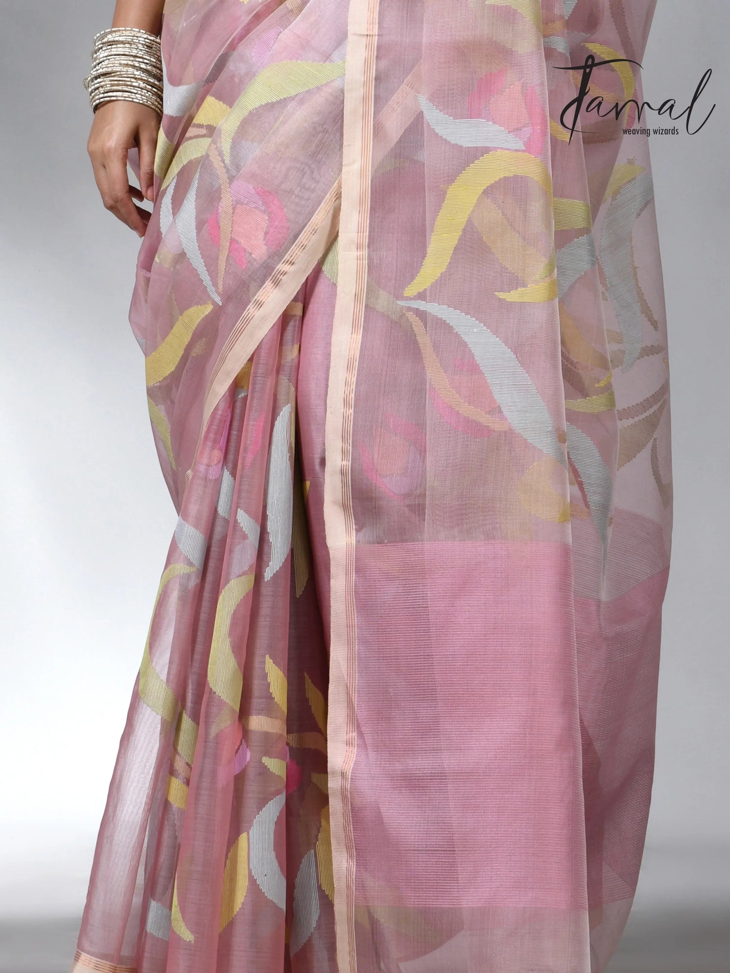 Dust pink in tulip floral handwoven muslin silk jamdani saree