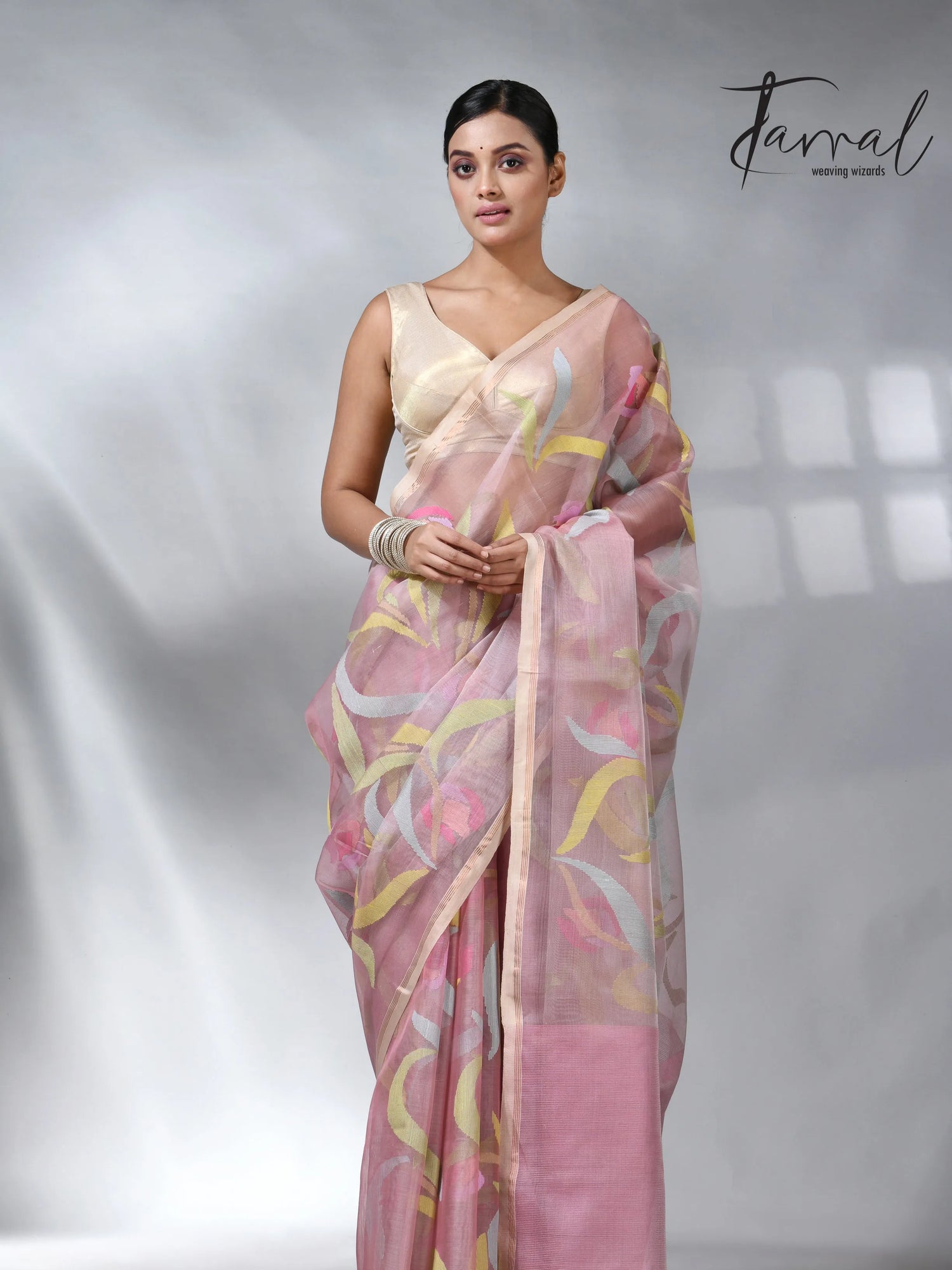Dust pink in tulip floral handwoven muslin silk jamdani saree