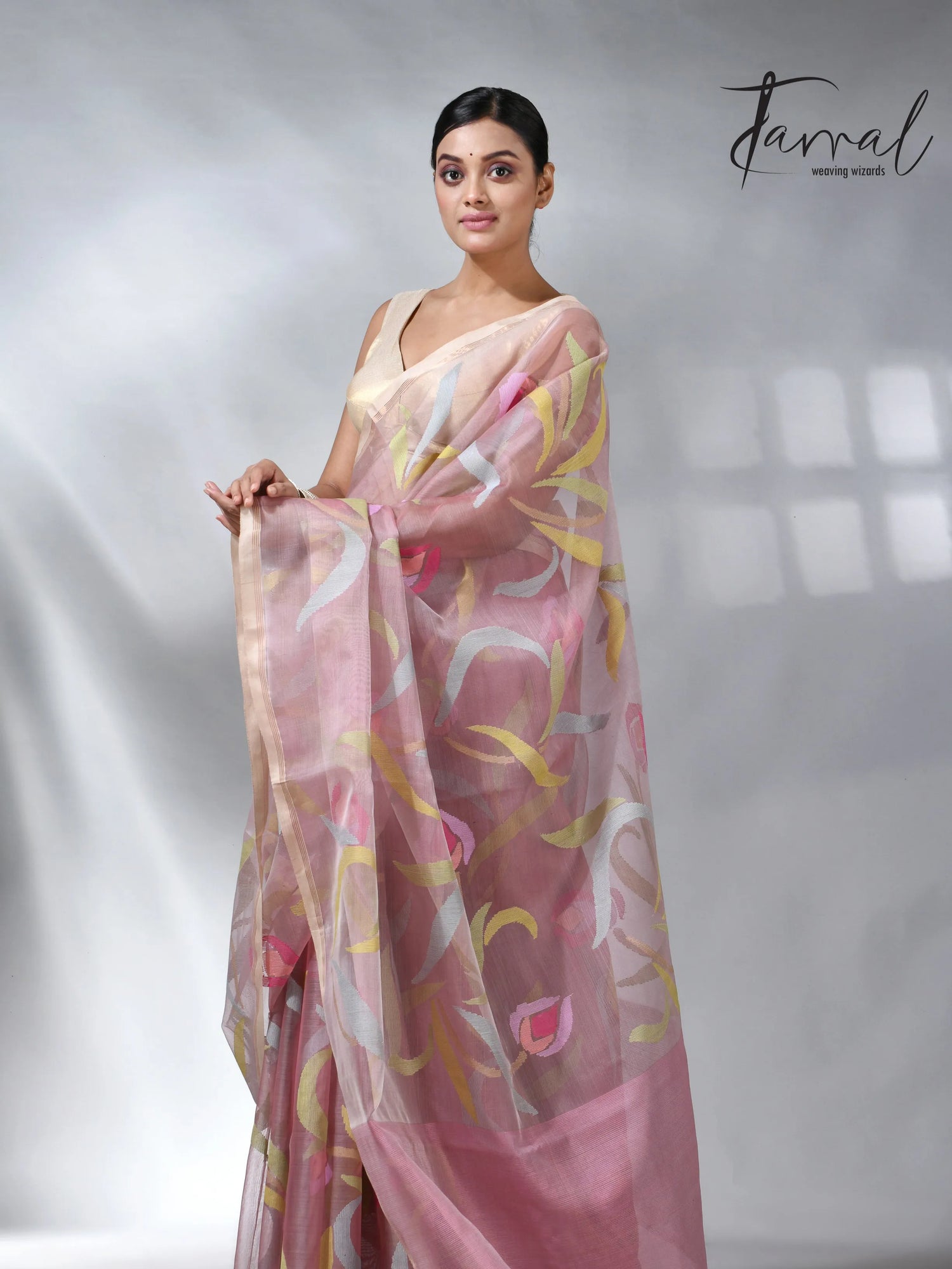 Dust pink in tulip floral handwoven muslin silk jamdani saree