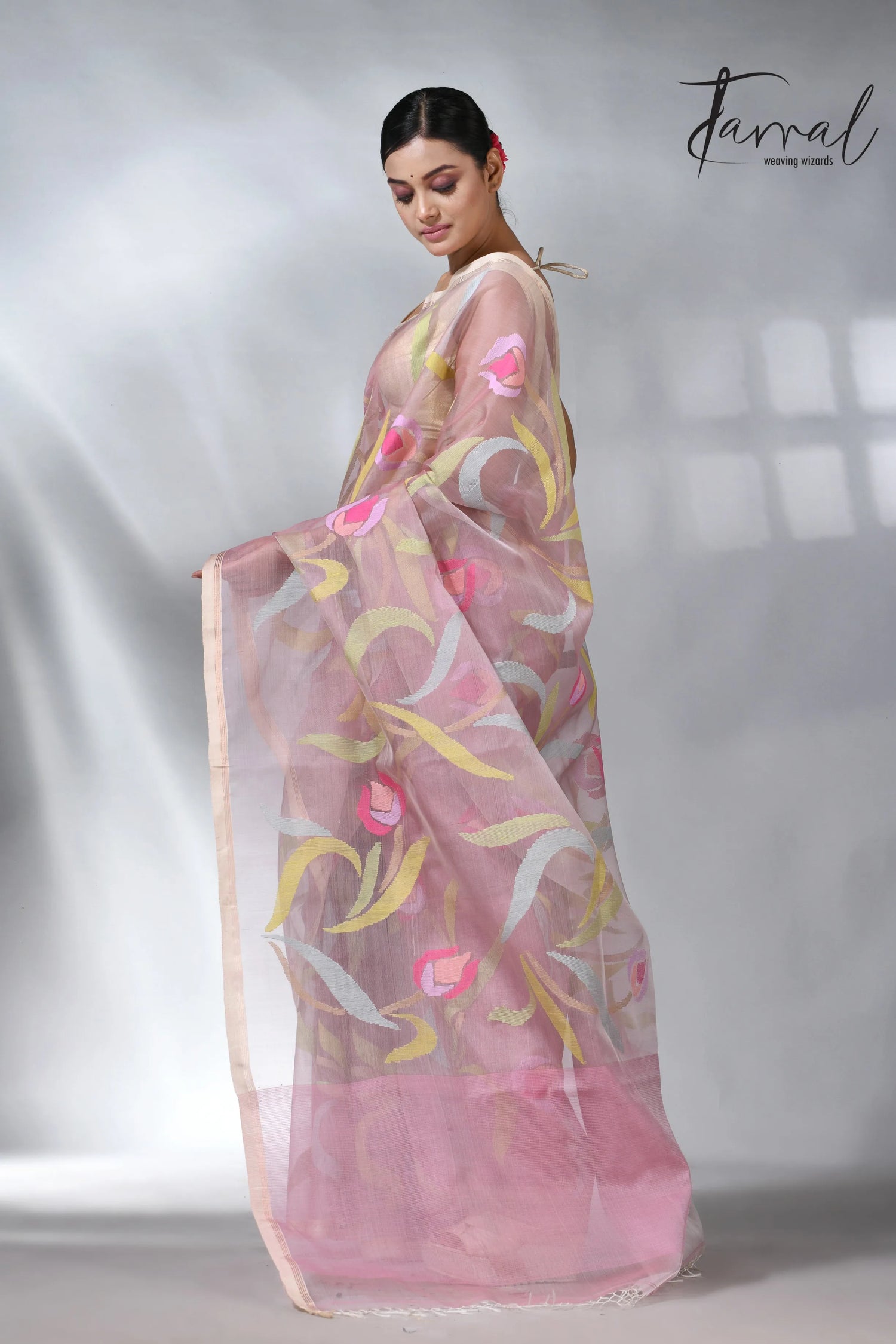 Dust pink in tulip floral handwoven muslin silk jamdani saree