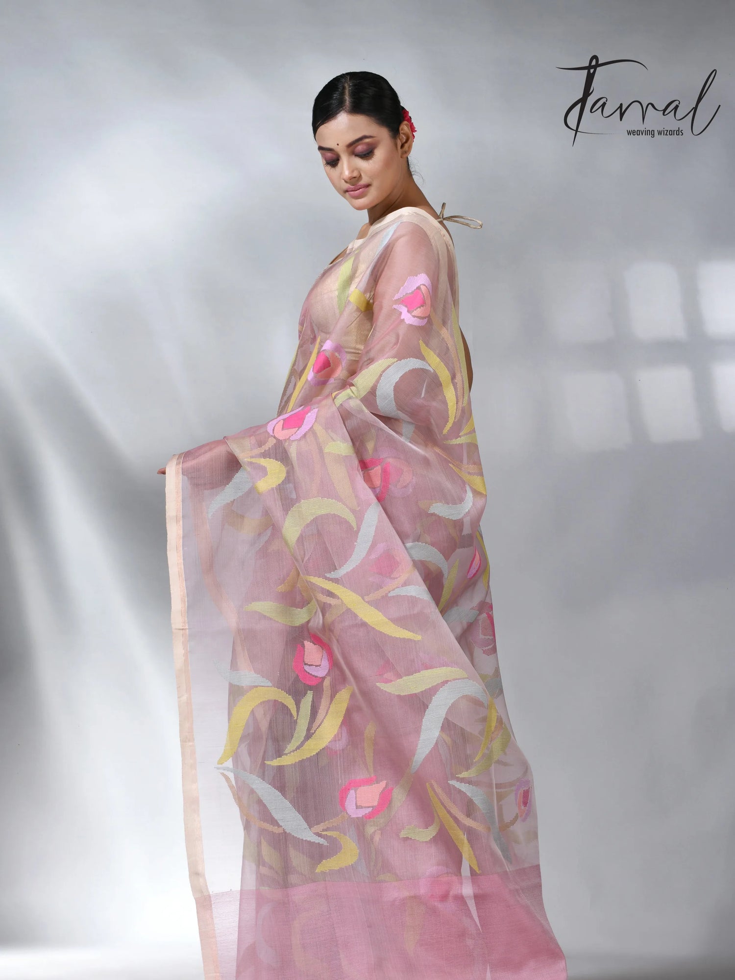 Dust pink in tulip floral handwoven muslin silk jamdani saree
