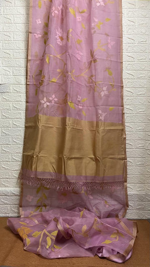 Dust pink with tusser border allover floral handwoven muslin silk jamdani saree - Tamal Boutique