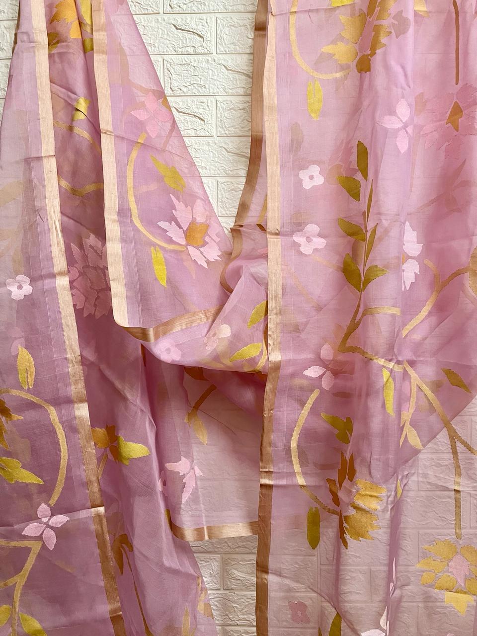 Dust pink with tusser border allover floral handwoven muslin silk jamdani saree - Tamal Boutique