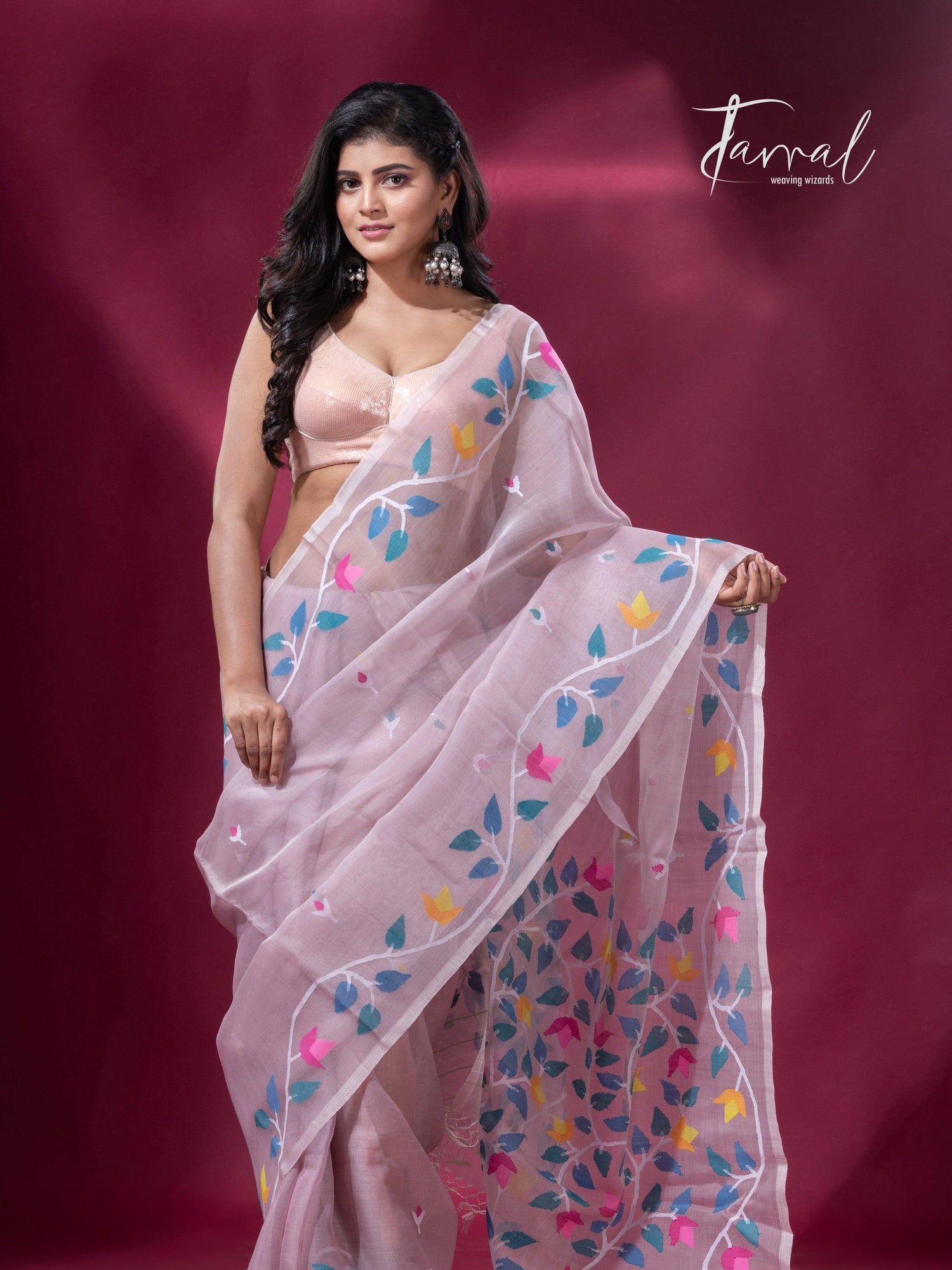 Dust pink with muslin silk floral handwoven jamdani sarees