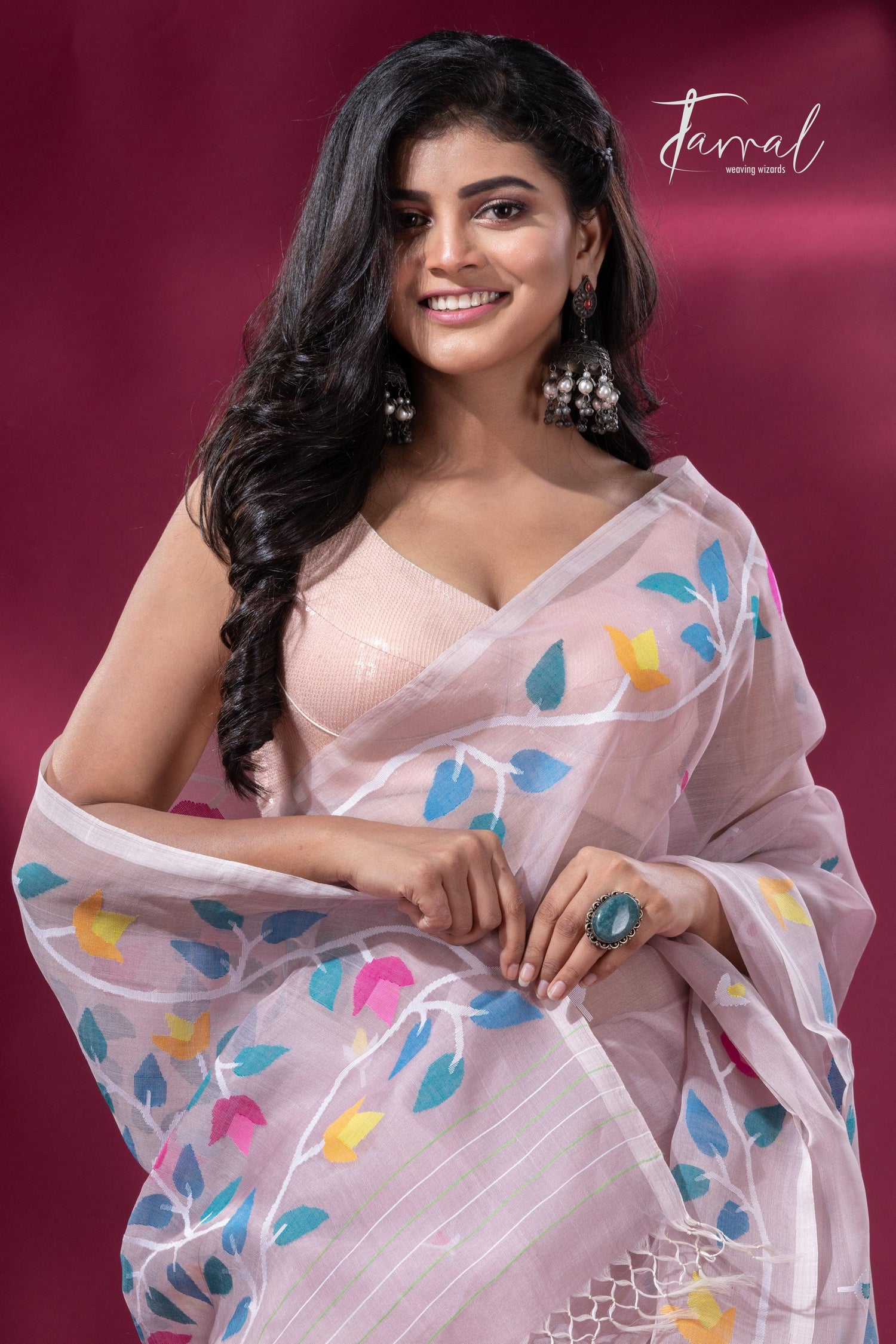 Dust pink with muslin silk floral handwoven jamdani sarees cls