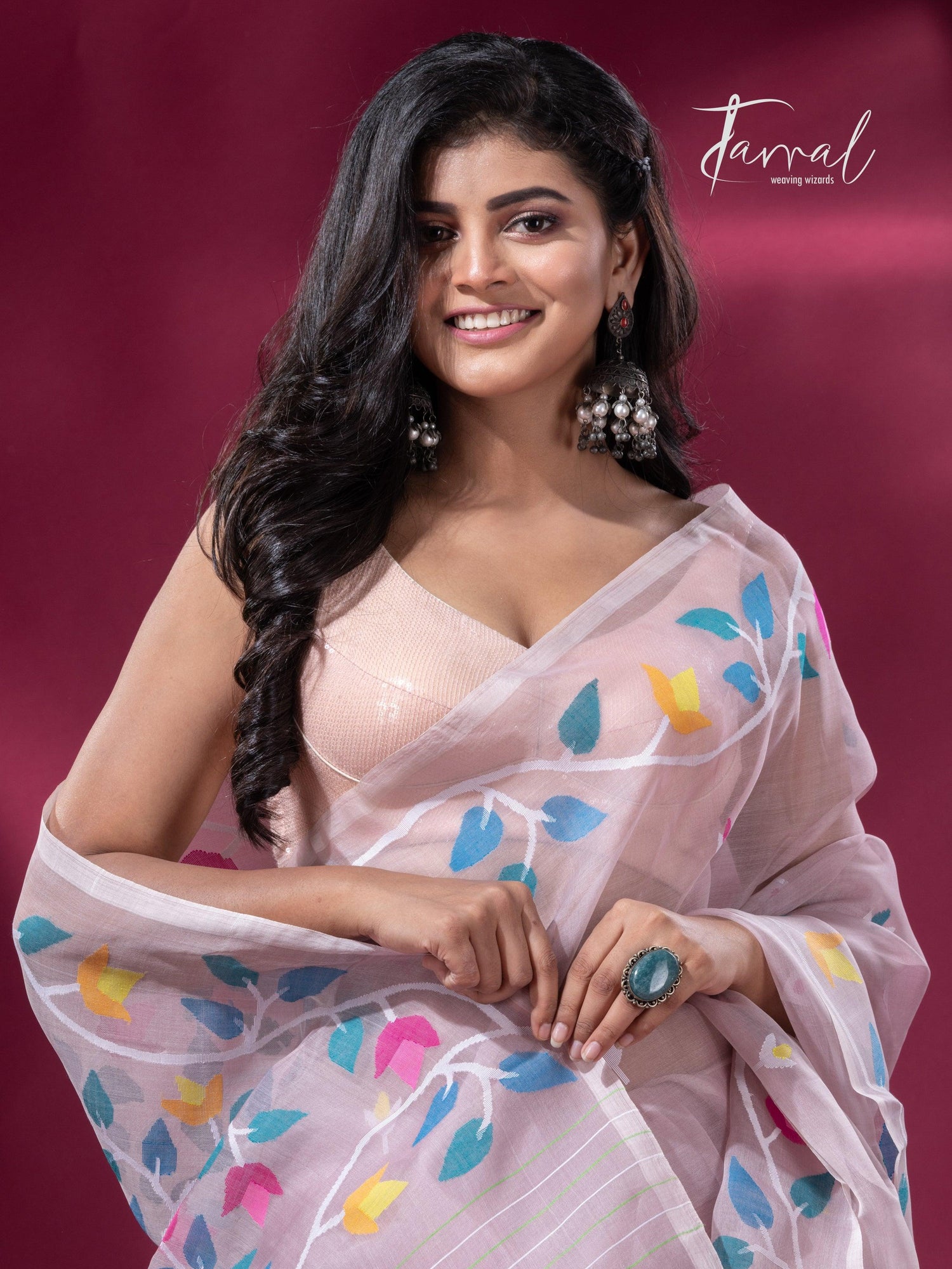 Dust pink with muslin silk floral handwoven jamdani sarees cls