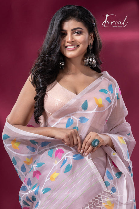Dust pink with muslin silk floral handwoven jamdani sarees cls