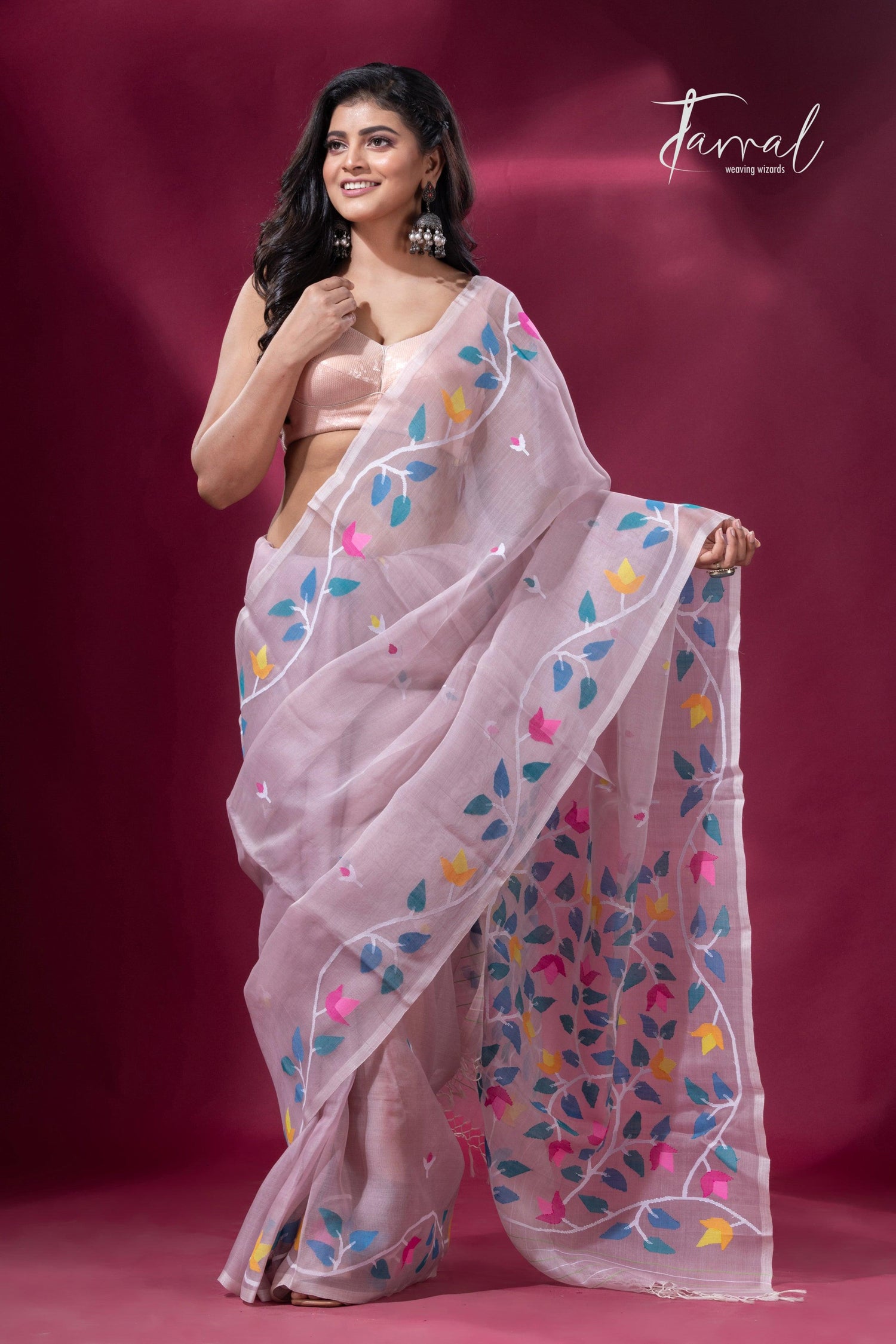 Dust pink with muslin silk floral handwoven jamdani sarees full