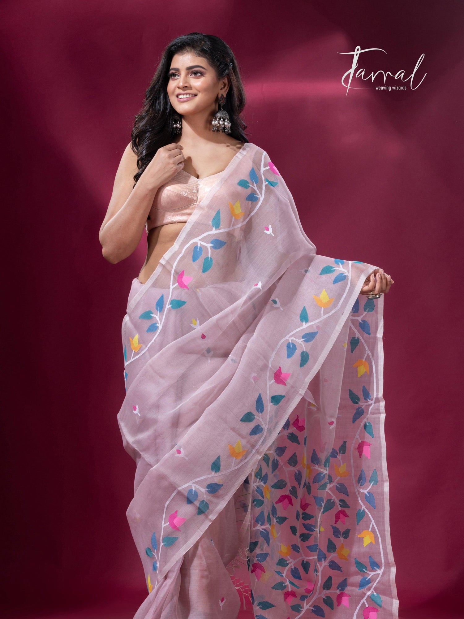 Dust pink with muslin silk floral handwoven jamdani sarees full