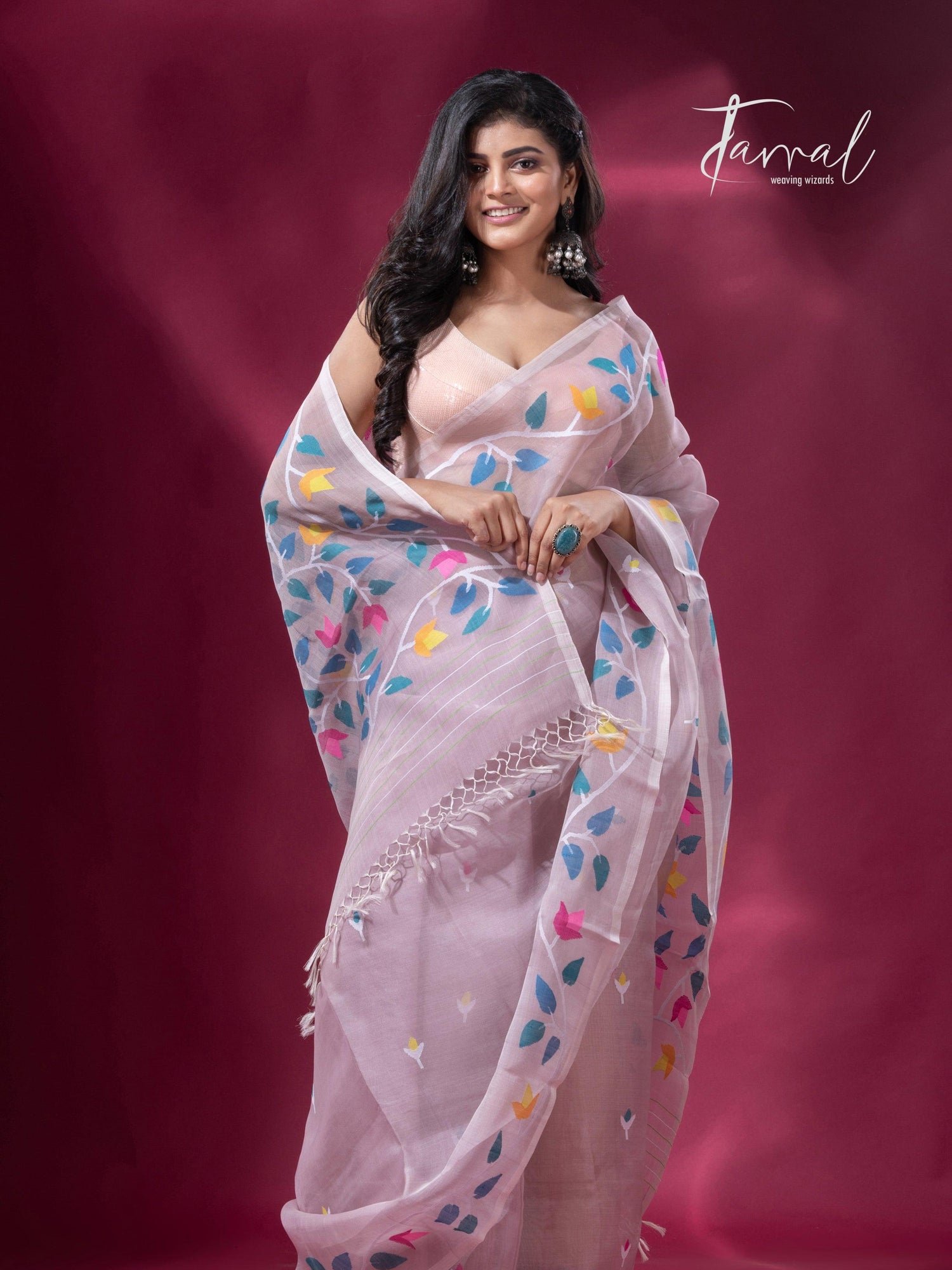 Dust pink with muslin silk floral handwoven jamdani sarees left