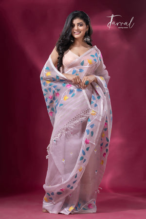 Dust pink with muslin silk floral handwoven jamdani sarees left