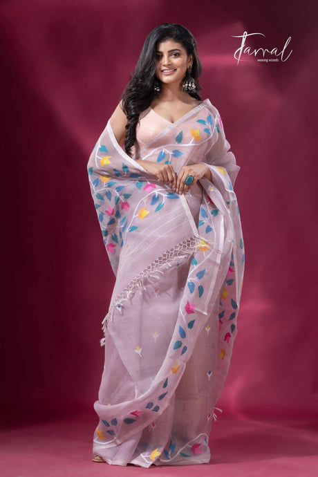 Dust pink with muslin silk floral handwoven jamdani sarees left